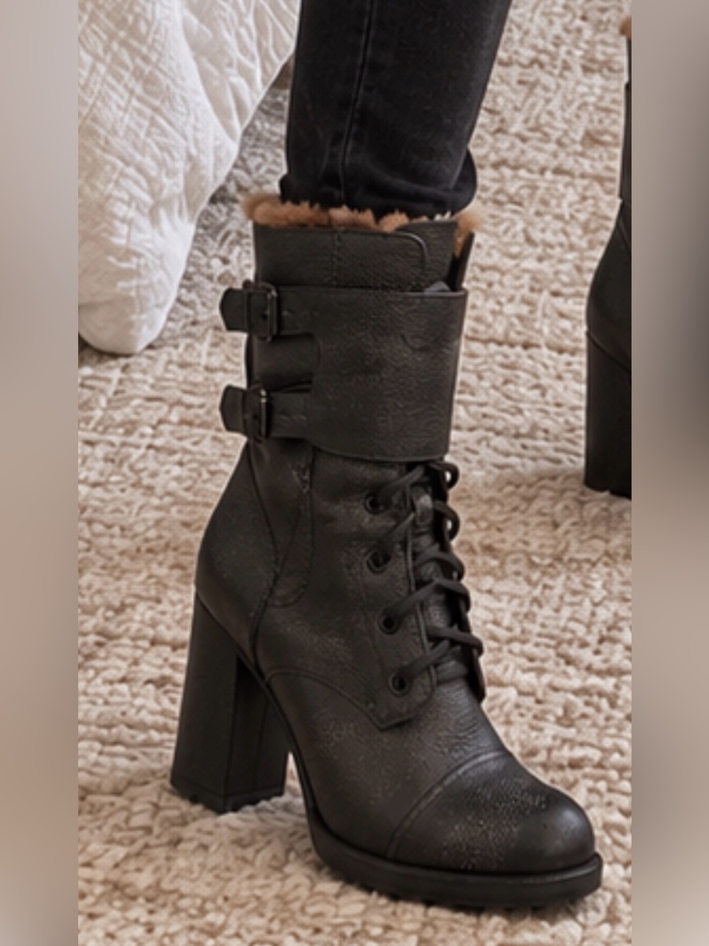 Tory Burch Faux Fur-Lined Black Lace-Up Heeled Boots
